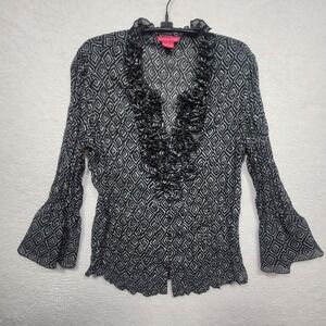 Sunny Leigh Black Geometric Ruffle V Neck Long Sleeve Blouse